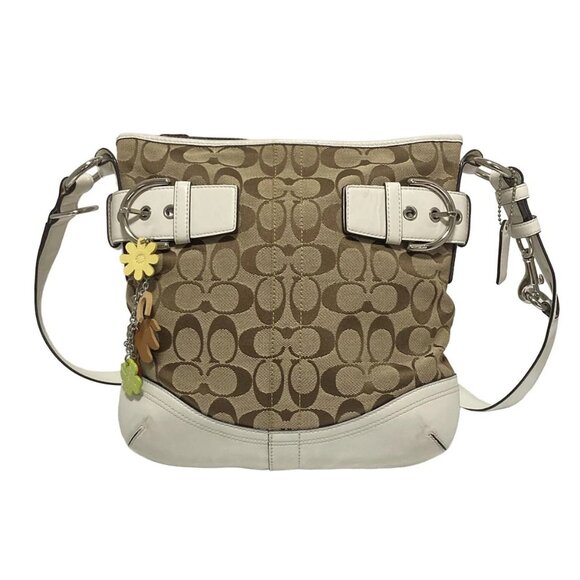 Auth COACH Signature Soft Duffle 3574 Khaki White Jacquard Leather Shoulder Bag - Picture 1 of 8